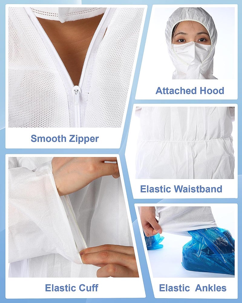 Shyyween 10 Set Hazmat Suits Disposable Protective Paint Coverall Suit with Shoe Covers Nitrile Glove Mask Wrists Ankles Hood - Image 2